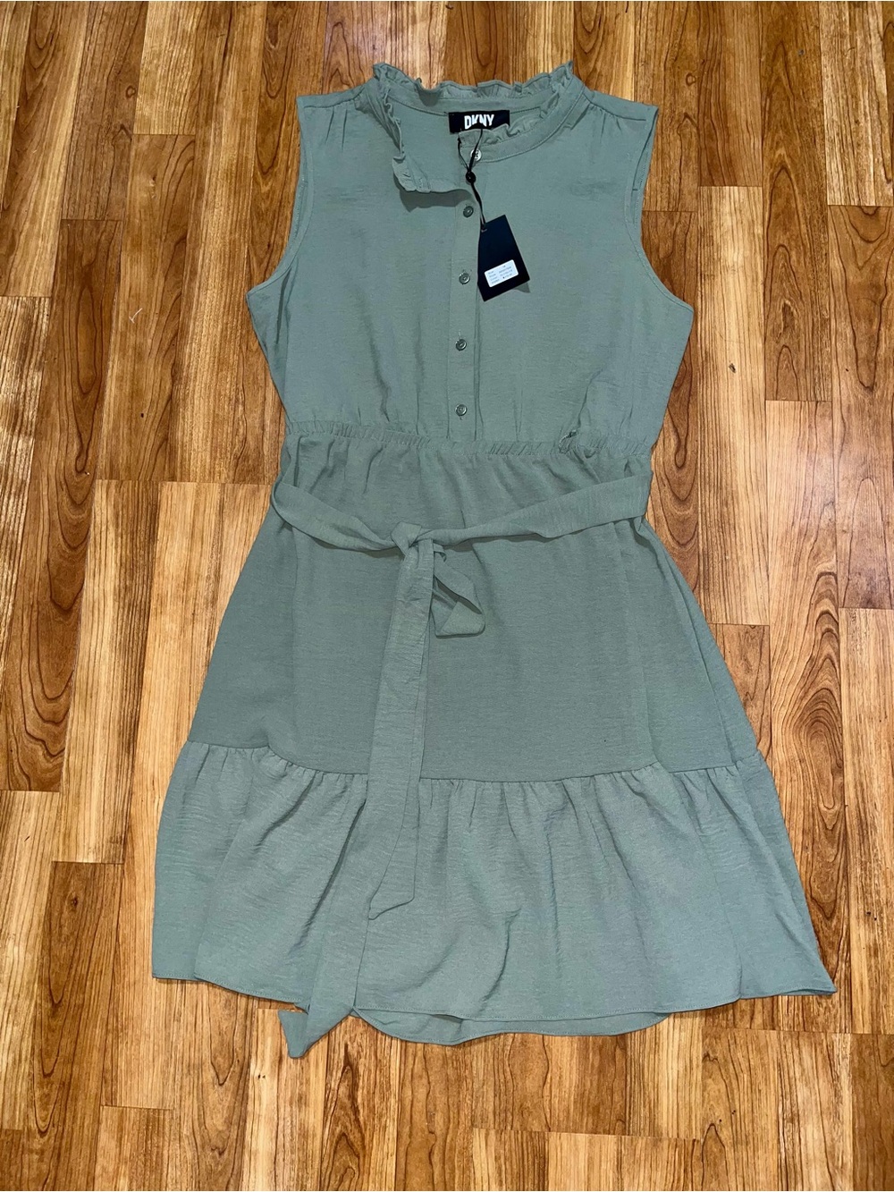 🆕 NWT DKNY Olive Green Sleeveless Ruffle-Neck Belted Mini Dress, 14
